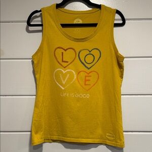 Life Is Good Yellow Tank Top with Heart Motif. Size is medium